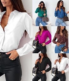 abordables -Mujer Blusa Botones Color sólido Elegante Básico Casual Manga Larga Cuello Camisero Tops regulares Diario Trabajo Azul Piscina Negro Blanco Fucsia Marrón Primavera Otoño Invierno