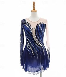 preiswerte -Eiskunstlaufkleid Damen Eislaufen Kleid Marineblau Patchwork Daumenloch Dehnbar Training Wettbewerb Eiskunstlaufkleidung Klassisch Kristall / Strass Langarm Eislaufen Eiskundstlauf