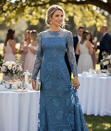 abordables -Ligne A Longueur au sol Robe d'invité de mariage Robe Fleurie Robe de soirée Robe de Mère de Mariée  manche longue Col Bateau Élégant Formel Dentelle avec Dentelle