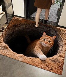 levne -Zrzavá kočka vykukující z díry, 3D optická iluze, rohožka, 2D plochý tisk, rozmarná dekorace do vstupu a hravá uvítací rohožka