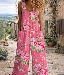 preiswerte -Damen Normal Jumpsuit in Leinenoptik Aktiv Blumen Ärmellos Weites Bein V Ausschnitt Tasche Druck Täglich Urlaub Lässiger Schnitt Blau Rosa Armeegrün Sommer
