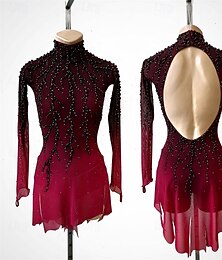 preiswerte -Eiskunstlaufkleid Damen Eislaufen Kleid Schwarz Rrot Patchwork Offener Rücken Spandex Netzstoff Hohe Elastizität Training Wettbewerb Eiskunstlaufkleidung Klassisch Kristall / Strass Langarm Eislaufen