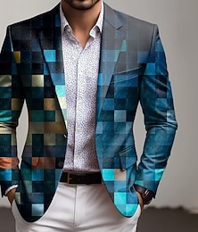 お買い得  -男性用 幾何学模様 ブレザージャケット コート 快適 高通気性 アーティスティック カジュアル カジュアル 日常 パーティーイブニングウェア 3Dプリント ボタン マルチポケット 春 秋冬 ノッチドラペル 長袖 ブルー ルビーレッド パープル