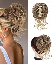 זול -חתיכות שיער מבולגנות לנשים, תוספות שיער מלאכותיות בקוקו עם קליפס, תוספות שיער טבעיות לנשים (חום מעורב בלונד טבעי)