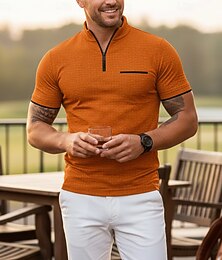 cheap -Men's Waffle Polo Shirts Zip Polo Casual Holiday Quarter Zip Short Sleeve Fashion Basic Plain Quarter Zip Summer Spring All Seasons Slim Fit Black White Navy Blue Orange Waffle Polo Shirts