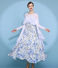 billiga -damklänning med blommig balsal, transparent mesh, långärmad, valsklänning, volang, modern standard, tävlingsdräkt, vit blå