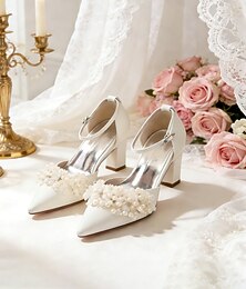 abordables -Escarpins à bride cheville ornés de perles ivoire, chaussures de mariée élégantes à bout pointu pour un mariage citadin moderne