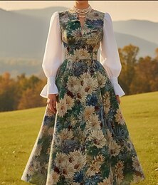 abordables -Femmes Robe maxi Robe Décontractée Robe Fleurie Élégant ancien Mode Extérieur Vacances Sortir Coupe régulière Fleuri manche longue Col en V Vert Été Printemps Automne