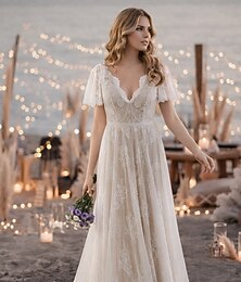 cheap -Beach Wedding Beach Sexy Wedding Dresses in Color Boho Wedding Dresses A-Line V Neck Short Sleeve Sweep / Brush Train Lace Bridal Gowns With Sashes / Ribbons Sash / Ribbon