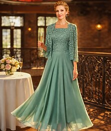 abordables -Conjuntos de vestidos de longitud de piso vestido de invitada de boda vestido de madre de la novia vestido de manga larga escote cuadrado elegante fiesta sencillo invitada de boda con color sólido