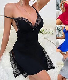 billiga -Dam Nattlinne Sexig Ledigt Komfort Ren färg Spets Dagligen Hem Ärmlös V-hals Blå Svart Rodnande Rosa Grå Sommar Vår Smal passform