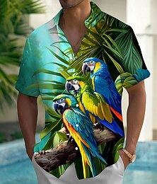お買い得  -男性用 鳥 オウム 熱帯植物 アロハシャツ ボタンアップシャツ 半袖 ハワイアン カジュアル バケーション 夏 春 折襟 3Dプリント 襟付きシャツ フロントポケット1つ ブルー 青1# グリーン ダークブルー