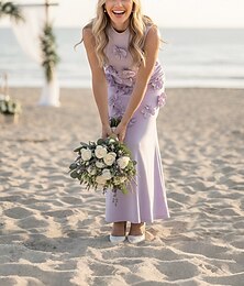 cheap -Sheath Column Floor Length Party Dress Wedding Guest Dress Wedding Guest Dresses Elegant Sleeveless High Neck Wedding Party Wear with 3D Flowers