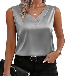 economico -Per donna Elegant Top in raso Maglietta A calotta di seta Patchwork Tinta unica Elegante Vintage Moda Senza Maniche Scollo a V Top Regolari Quotidiano Uscire Weekend Blu Argento Bianco Rosso Viola