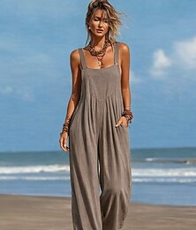 abordables -Femmes Normal Combinaison Actif Couleur Unie Sans manches Jambe large Col rond Avec Poches Quotidien Vacances Coupe Ample Marron Été