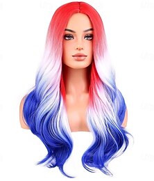 preiswerte -4. Juli lange gewellte Perücken für Frauen und Mädchen rot-weiß-blaue natürliche lockige Perücke hitzebeständige synthetische Haarperücken für Cosplay-Party-Kostüm