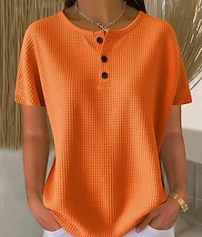 זול -בגדי ריקוד נשים אוברסייז חולצה קצרה טי שירטס טופים מארג וויפל כפתור קדמי אחיד אופנתי מסוגנן קלסי שרוולים קצרים צווארון עגול קצר הנלי חולצות רגילות יומי ליציאה סוף שבוע לבן כתום קיץ אביב