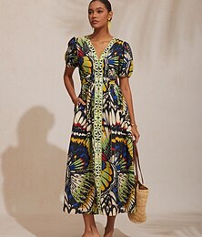 abordables -robe maxi légère en lin imprimé papillon jungle