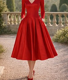 voordelige -A-lijn Over de knie Cocktailjurken Elegant Dagelijks Semi-formele jurken 3/4 mouw V-hals Tuinfeest Bruiloft Satijn met Plooien