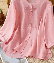 abordables -Femmes Chemises en coton et lin Broderie Boutons Couleur Unie Quotidien Basique Occasionnel manche longue Col ras du cou Hauts Réguliers Quotidien Noir Blanche Rose Claire Violet Orange Été Printemps