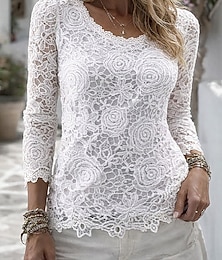 economico -Per donna Blusa Pizzo Tinta unica Elegante Essenziale Casual Manica Lunga Girocollo Top Regolari Quotidiano Bianco Estate Primavera Autunno