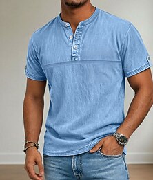 abordables -Hombre Henley Shirt Camisa 100% algodón con lavado ácido Manga Corta Henley Verano Primavera Otoño Plano Retro Antiguo Casual Estilo retro Lavado Casual Bleu Ciel Marrón oscuro Negro Camiseta