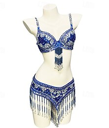 abordables -Ensemble de Danse du Ventre en Paillettes et Perles Ornées en Bleu Profond Samba Dancewear