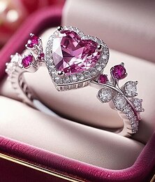 abordables -Anillo de piedra preciosa rosa en forma de corazón para mujer: material de aleación, piedras rosas y transparentes, diseño elegante, perfecto para bodas y el día de San Valentín.