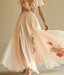 economico -Per donna Abito maxi Vestito Casual Vestito in Chiffon Abito Floreale Elegante Moda Moderno All'aperto Vacanza Uscire Vestibilità regolare Floreale Manica Corta Scollo a V Rosa Estate Primavera
