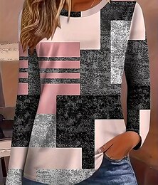 abordables -Mujer Camiseta Estampado Graphic Geométrico Moda Casual Manga Larga Cuello Barco Tops regulares Diario Azul Piscina Rosa Rojo Marrón claro Verano Primavera Otoño Invierno