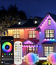 Недорогие -Постоянное наружное освещение, интеллектуальная RGB-подсветка карнизов с управлением через приложение и пульт дистанционного управления, дальность освещения 100/150/200 футов, водонепроницаемость IP67, синхронизация с музыкой и создание собственных сценар