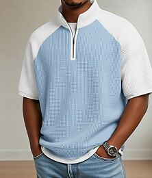 ieftine -Bărbați Tricouri polo Waffle Casual Concediu Guler în picioare Manșon scurt De Bază Modern Plisat Bloc Culoare Bloc de Culoare Nasturi Vară Primăvară Potrivire lejeră Albastru piscină Negru Bleumarin