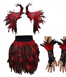 abordables -Carnaval 2026 Accesorios de Samba del Carnaval de Río 3Pcs Set de Disfraz para Mujeres de Plumas Rojas Capa de Hombros Gótica Falda Mini y Guantes de Encaje Disfraz para Festival de Brasil