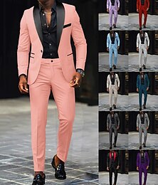 お買い得  -男性用 ブレザー+ドレスパンツ ブレザー スーツ ビジネス カクテルパーティー ウェディングパーティー ２個 ファッション カジュアル 春 秋 ポリエステル カラーブロック ポケット ボタン 快適 シングルブレスト ブレザー ダークグレー ブラック ホワイト ダークレッド