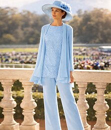 abordables -Ensemble pantalon 3 pièces longueur de sol robe mère de la mariée manches longues col ras du cou élégante formelle invitée au mariage avec perles