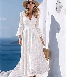 olcso -Női Maxiruha A vonalú ruha Alkalmi Szabadtéri Alkalmi Standard Tömör szín Hosszú ujj V-alakú Fehér Nyár Tavasz Ősz