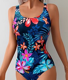 abordables -Femmes Maillots de Bain Une Pièce Coupe haute Maillot de bain Tenues de plage Été Fleuri Graphique Col en U Sans manches Maillots de bain