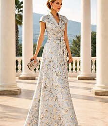 abordables -Ligne A Longueur au sol Robe d'invité de mariage Robe de Cérémonie Robe de soirée Robe de Mère de Mariée  Manche Courte Revers Élégant ancien Mariage Formel Jacquard avec Noeud(s) Poche