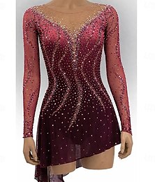 preiswerte -Eiskunstlaufkleid Damen Eislaufen Kleid Burgund Patchwork Offener Rücken Dehnbar Training Wettbewerb Eiskunstlaufkleidung Klassisch Kristall / Strass Langarm Eislaufen Eiskundstlauf