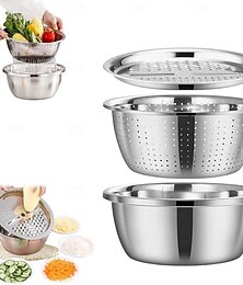 preiswerte -3-teiliges Küchenset aus Edelstahl mit integriertem Mahlwerk, Multifunktionsfilter und Rührschüssel, ideal zum Reinigen und Schneiden von Obst, Gemüse und Käse, perfekt für die heimische Küche.
