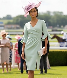 abordables -Vestidos Hasta la Rodilla Vestido Derby Vestido de Madrina Media Manga Escote en Pico Elegante El derby de Kentucky Tejido elástico con Plisado Fruncido Recogido