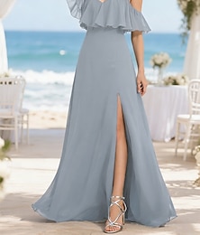 baratos -Linha A Vestido de Madrinha Com Alças Finas Sem Manga Elegante Longo Chiffon com Fru-Fru / Franzido