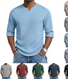 abordables -Homme T-shirt gaufré T-shirt manche longue Col en V Été Printemps & Automne Toutes saisons Couleur Unie Texturé Tricots Quotidien Occasionnel Col en V Occasionnel Quotidien Extérieur Rouge T-shirt