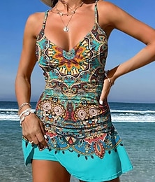 abordables -Femmes Maillots de Bain Une Pièce Jupe Maillot de bain Tricot Élégant Vacances Graphique Géométrique Col en V Sans manches Maillots de bain