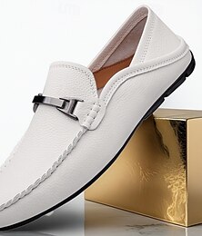 abordables -Mocasines blancos de piel sintética para hombre con hebilla de metal, zapatos casuales de negocios clásicos para desplazamientos a la oficina, bodas y uso diario.