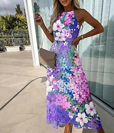 billiga -Dam Midiklänning Blommig klänning Halter Neck Klänning Klänning med tryck Mode Modern Utomhus Semester Helgdag Normal Blomma Ärmlös Halterneck Purpur Sommar