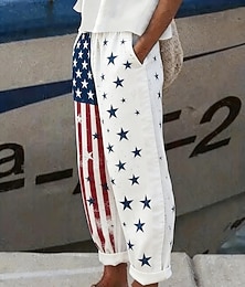 preiswerte -Unabhängigkeitstag Patriotische Damen Hosen Hose Urlaub Vintage Ethnischer Stil Voll Länge Hohe Taille Hosen Floral Amerikanische Flagge Kordelzug Seitentaschen Druck Atmungsaktiv Komfortabel