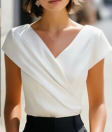economico -Per donna Camicia Estiva Camicia elegante Blusa Incrociato Tinta unica Elegante Essenziale Manica Corta Scollo a V Top Regolari Quotidiano All'aperto Lavoro Bianco Estate Primavera