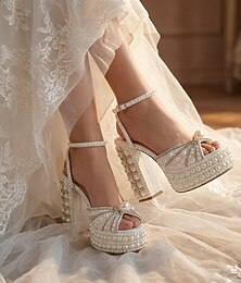 abordables -Sandales compensées à talons carrés et perles ivoire pour femmes, chaussures de mariée luxueuses et ornées pour les mariages en ville