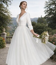 voordelige -A-lijn Over de knie Trouwjurken Bruidsdouchejurken Bruidsjurk Vintage Jaren 40/50 Open rug 3/4 mouw V-hals valmistuminen Verjaardag Satijn Tule met Effen kleur